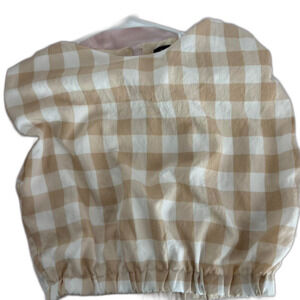 BOUTIQUE Gingham Plaid Shoulder Pad Women's Cream White Fall Crop-top